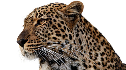 Close up portrait of a majestic leopard with spotted fur and intense amber eyes © Clementine