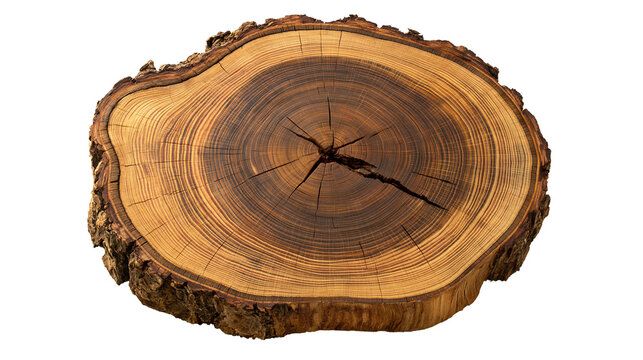 Circular cross section of a tree trunk with visible growth rings and rough bark