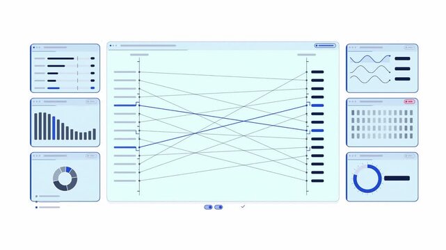 Clean animated slope graph lines crossing in blue and cyan on a bright white background. Seamless looping 4K dashboard motion graphics with free space for text, ideal for business presentations, produ