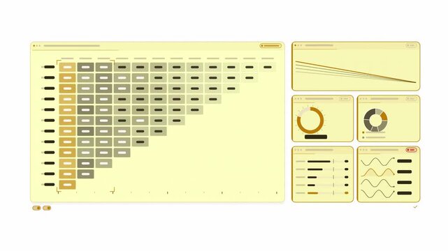 Clean animated cohort retention triangle fading in yellow and gold on a bright white background. Seamless looping 4K dashboard motion graphics with free space for text, ideal for business presentation