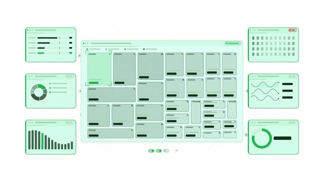 Clean animated treemap tiles nesting share in green and teal on a bright white background. Seamless looping 4K dashboard motion graphics with free space for text, ideal for business presentations, pro