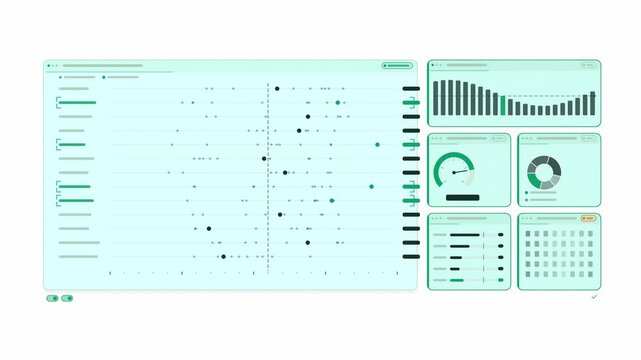 Clean animated benchmark comparison dots beating in cyan and teal on a bright white background. Seamless looping 4K dashboard motion graphics with free space for text, ideal for business presentations