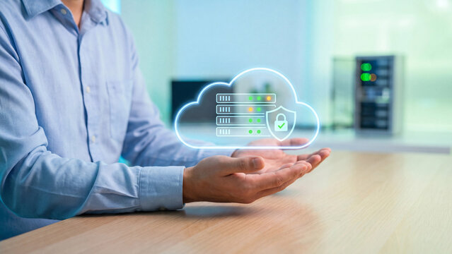 Cloud security and data storage protection concept. Man holding cloud with server and padlock shield, server rack in office for online hosting, database backup, encryption and network privacy