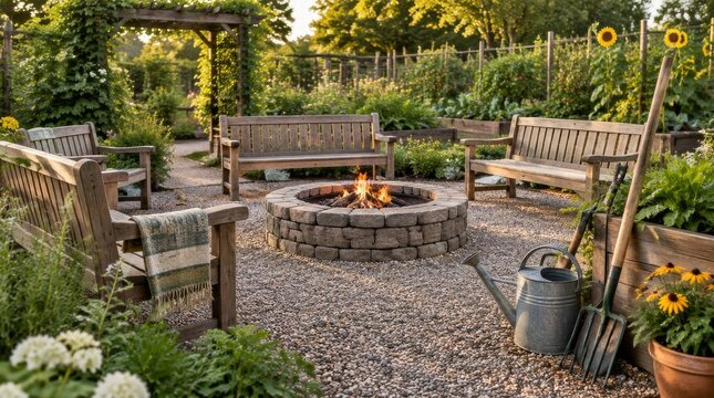 Cozy backyard garden patio featuring a warm stone fire pit and wooden benches