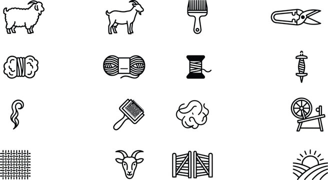 Vector line art icon set featuring sheep wool production farm elements spinning wheel shearing clippers yarn skeins knitting thread and livestock gates