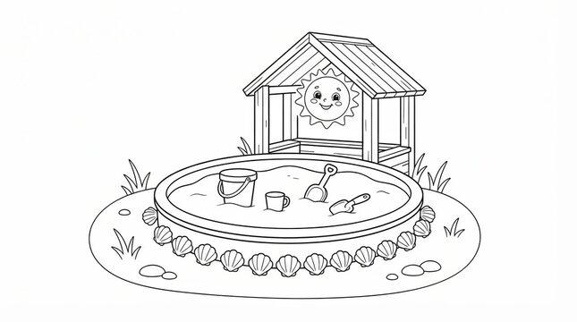 Black and white coloring page of a kids sandbox with beach toys and a smiling sun
