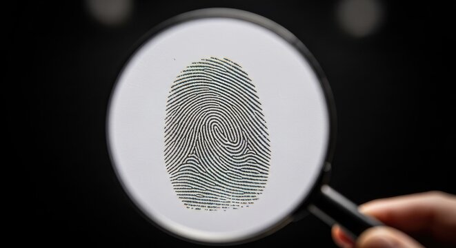 Magnifying glass inspecting fingerprint on black background
