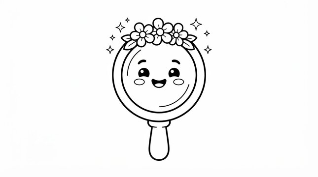 Cute hand mirror drawing with a flower crown and sparkles isolated on white background