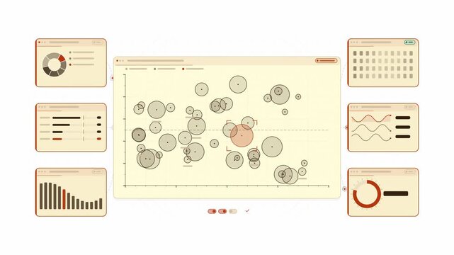 Clean animated retail analytics bubbles sizing in amber and orange on a bright white background. Seamless looping 4K dashboard motion graphics with free space for text, ideal for business presentation