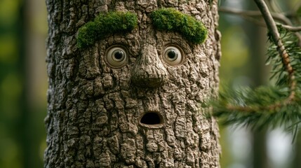 Obraz premium Green Tree Trunk Covered with Moss and Fresh Leaves in a Lush Forest, Showcasing Natural Bark Texture, Spring Foliage, and Serene Woodland Beauty