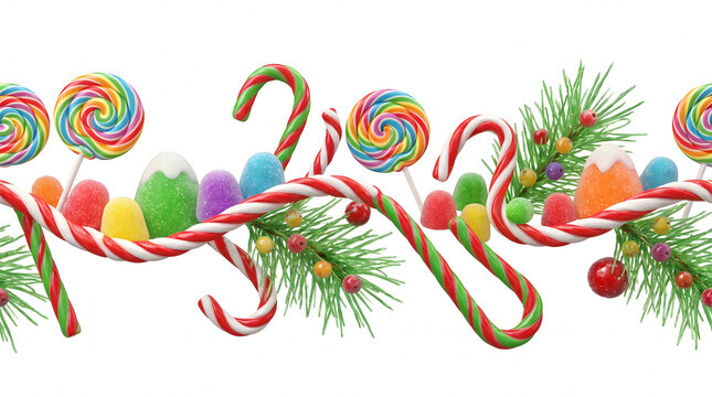 Seamless christmas border pattern with watercolor candy canes lollipops and festive pine branches on white background