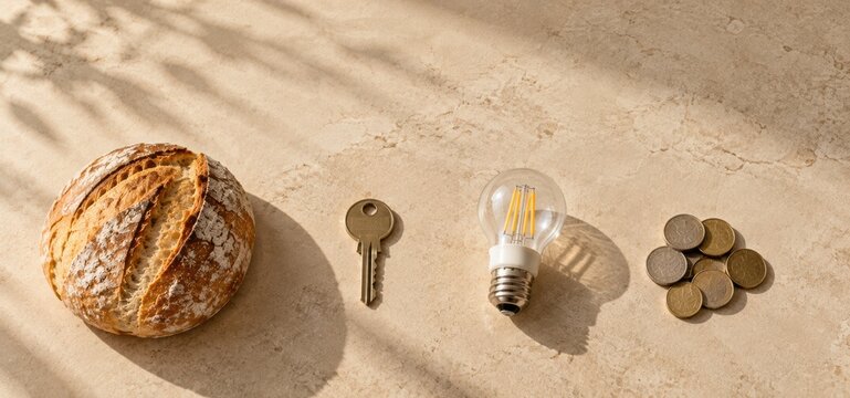 Household Expenses Concept with Bread Key Light Bulb and Coins