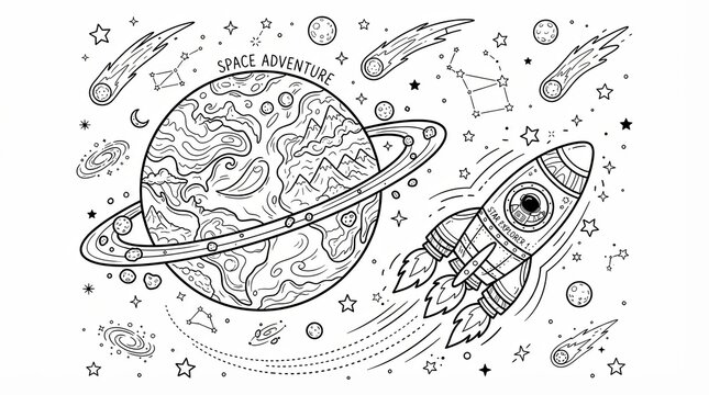 Space adventure doodle with rocket and planet on white background