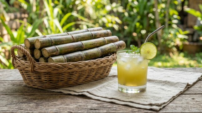 Sugarcane juice in a glass with lime and mint beside a stalk basket