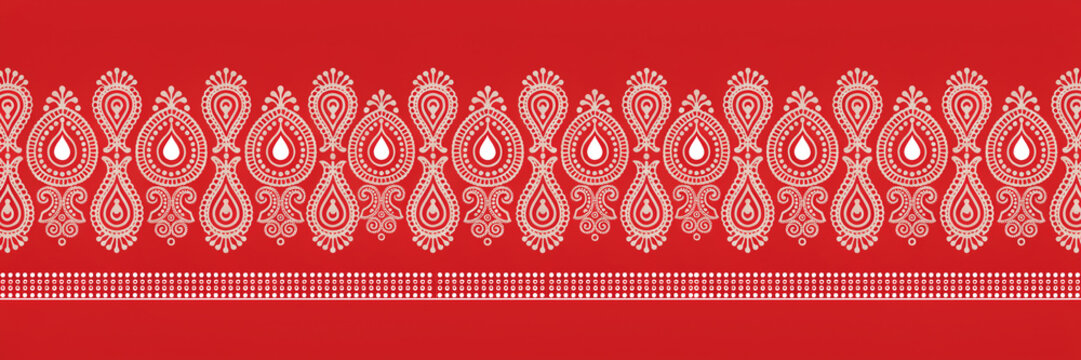 Traditional indian pattern with paisley motifs on vibrant red background border.