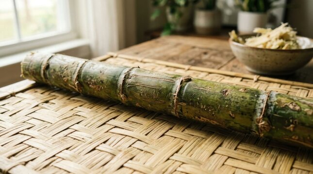 Fresh green sugarcane stalk lying horizontally on a woven bamboo mat surface