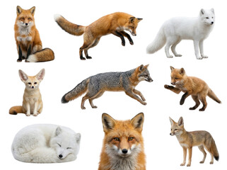 Fototapeta premium Diverse Fox Collection: A curated compilation showcases various fox species, including the common red fox, arctic fox, fennec fox, and gray fox, each captured in distinct poses and environments.