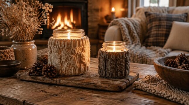 Two burning candles inside knitted glass jars on a rustic wooden tray with pinecones and a warm fireplace glowing in the cozy living room background