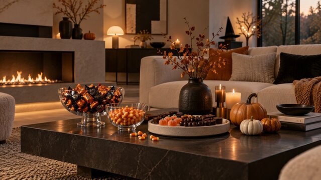 Elegant Halloween candy display in a warm modern living room