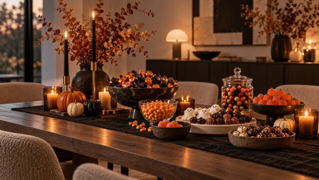 Sophisticated Halloween dining table with candles and sweets