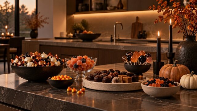 Halloween sweets and candy arranged in a modern kitchen