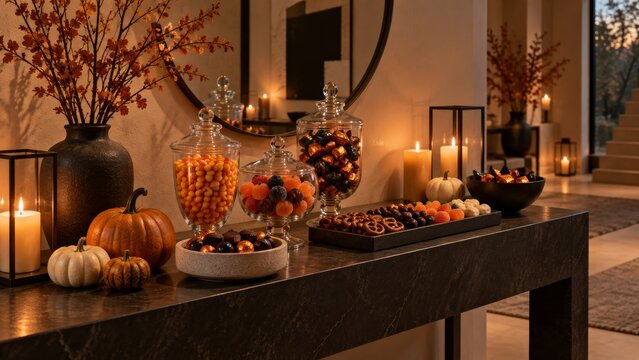 Halloween candy and cozy seasonal decor in a contemporary bedroom