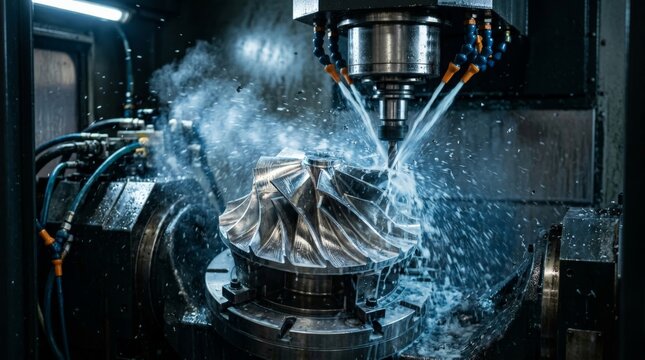 A close up view of a cnc machine coolant system spraying fluid onto a complex metal turbine blade during precision milling, capturing dynamic industrial manufacturing activity