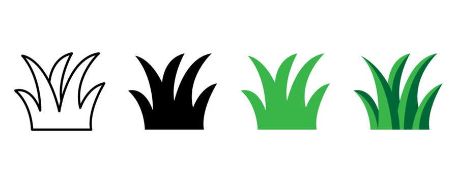 Set of grass tufts in outline, silhouette, green, and detailed flat vector styles