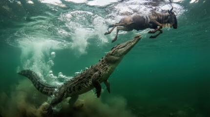 Fototapeta premium Predatory Pursuit: A formidable crocodile lurks underwater, its powerful jaws poised to strike a wildebeest desperately swimming for safety in a river, showcasing the raw drama of nature's food chain.