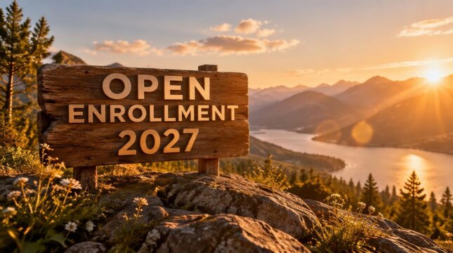 Wooden sign reading open enrollment on mountain overlook at sunset