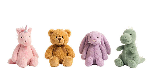 Colorful stuffed animals including bear unicorn rabbit and dinosaur on transparent background