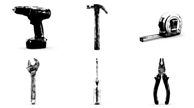 High contrast black and white grunge posterized workshop tools set with drill, hammer, tape measure, wrench, screwdriver, and pliers isolated on white background graphic.