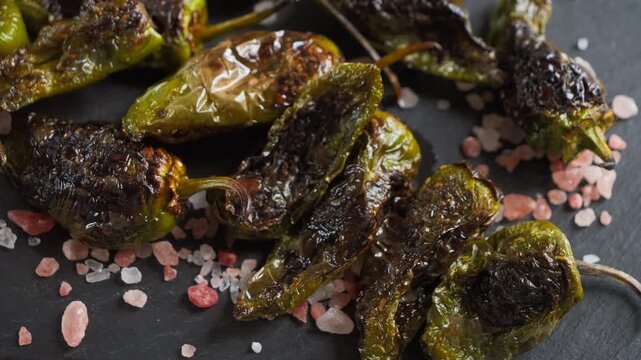 Blistered Padron peppers sprinkled with coarse sea salt, a traditional Spanish tapas dish, is ideal for showcasing Mediterranean cuisine and small plate dining.