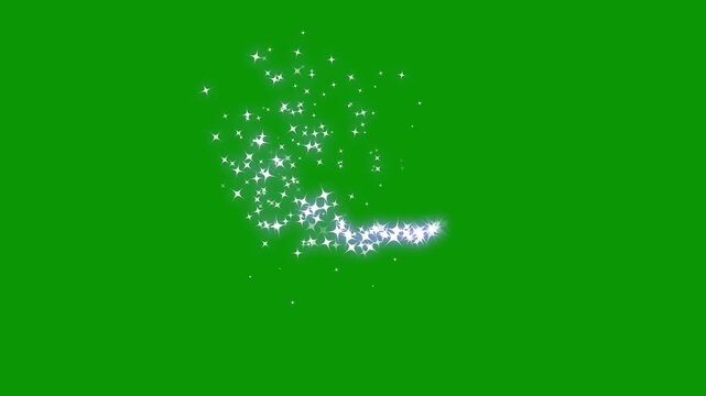 Luxury white glitter sparkles line trail with magic dust, white shining dust light, white cartoon blinking stars, white glitter sparkle line with floating star on green screen. 4k video