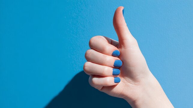 a hand with blue nail polish showing a thumbs-up gesture