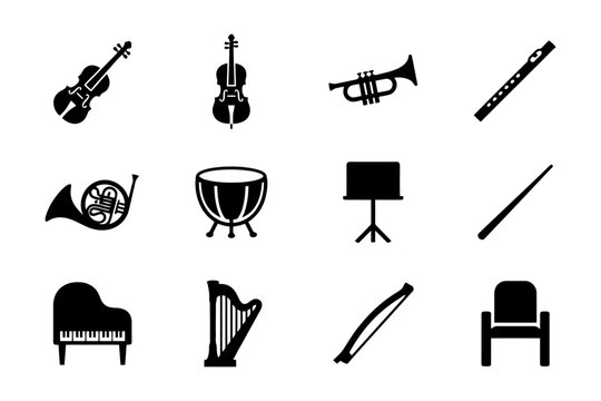 Silhouette icons of musical instruments: violin, cello, trumpet, flute, more.