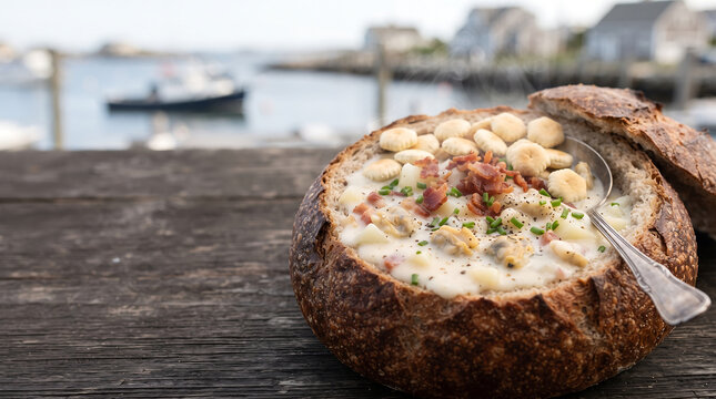 Steaming Clam Chowder with Bacon and Oyster Crackers in Bread Bowl by Harbor