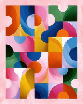 Colorful abstract puzzle composition with geometric shapes, circles and overlapping panels for modern design