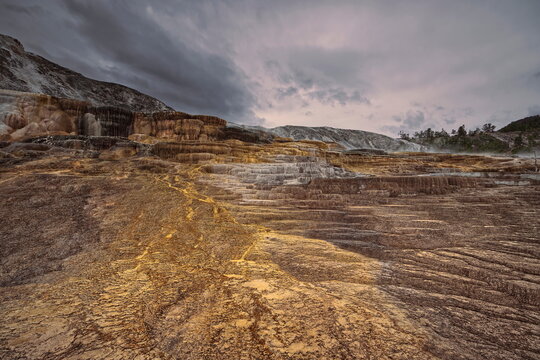 Mound and Jupiter Terraces, Mammoth Hot Springs: tiered, algae-and-bacteria-colored travertine pools under an overcast sky. Yellowstone NP-WY-USA-015