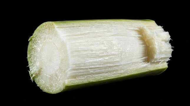 Freshly cut sugarcane stalk piece isolated on black background