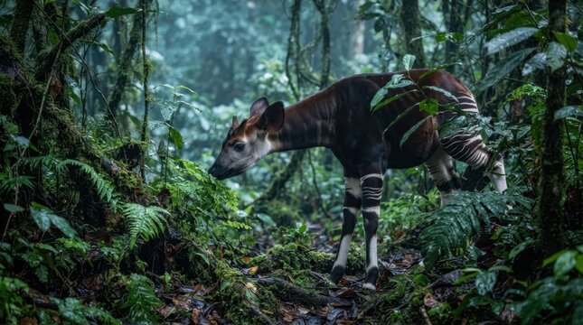 Okapi in dense jungle