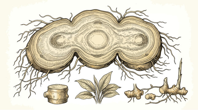 Vintage botanical illustration of ginger root cross section and leaves