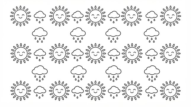 Cute hand drawn sun and rain cloud pattern on a white background