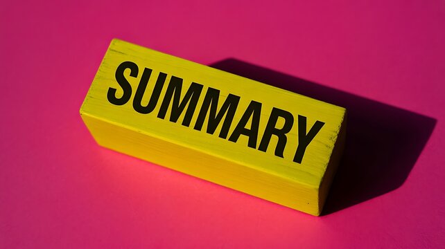 Summary text on yellow block against vibrant pink background