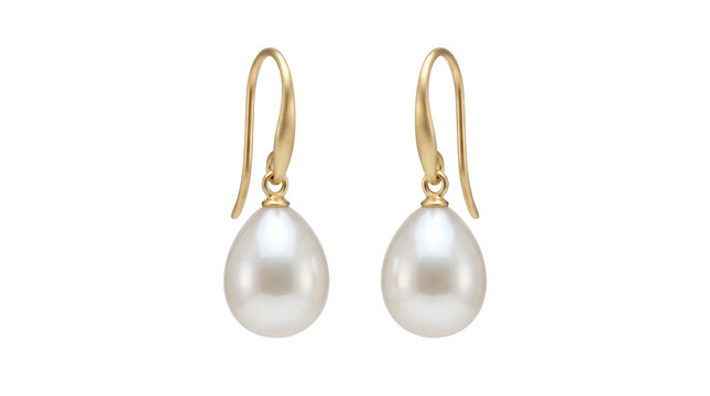 Elegant gold dangle earrings featuring white pearlescent drops on transparent background