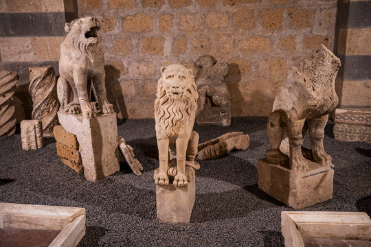 Underground chambers beneath Orvieto Cathedral displaying sculptures, artefacts, materials and historic tools associated with the centuries-old construction of the cathedral, Orvieto, Umbria, Italy