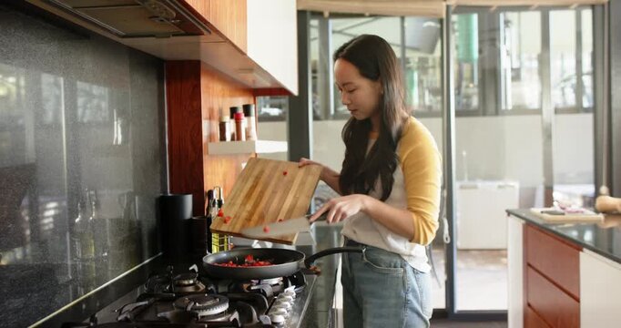 Lifestyle videos indoor of people doing activities at home, Cooking in kitchen, woman stirring veget