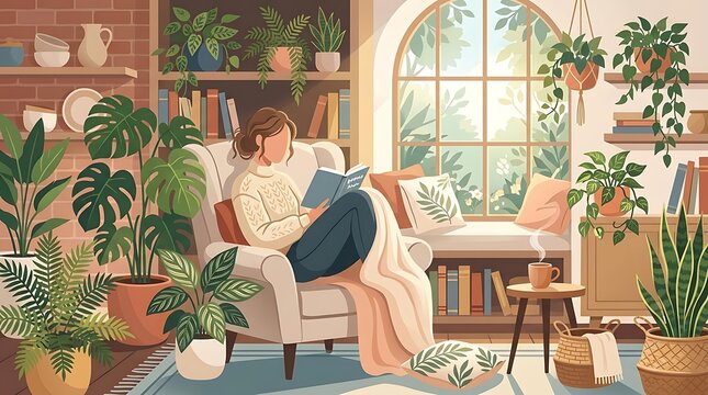 Young woman reading a book while sitting in a cozy armchair surrounded by indoor plants in a sunlit living room