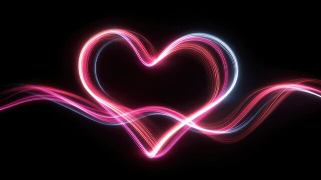 Glowing Neon Heart Light Trails On Deep Black Background