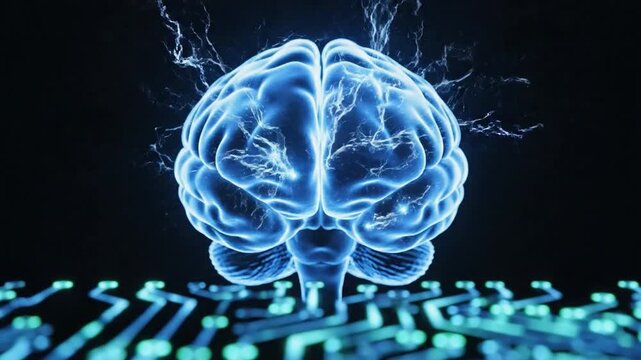 Glowing blue human brain with electrical impulses over a digital circuit board pattern